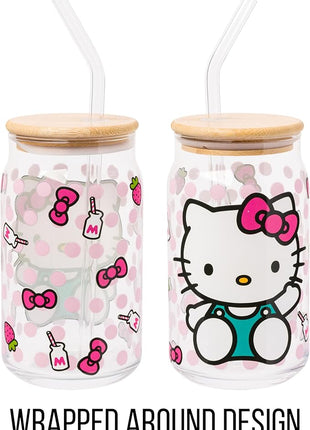 Silver Buffalo Sanrio Hello Kitty Strawberry Milk Bow Pink Polka Dot Glass Jar Tumbler with Bamboo Lid and Glass Straw, 16 Ounces (Pack of 12)