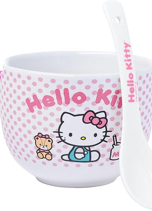 Silver Buffalo Sanrio Hello Kitty Pink Polka Dot Teddy and Strawberry Milk Ceramic Ramen Noodle Rice Bowl with Chopsticks and Spoon, Microwave Safe, 20 Ounces