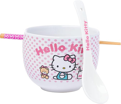 Silver Buffalo Sanrio Hello Kitty Pink Polka Dot Teddy and Strawberry Milk Ceramic Ramen Noodle Rice Bowl with Chopsticks and Spoon, Microwave Safe, 20 Ounces