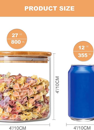 YUNCANG Glass Storage Jars 27oz [Set of 6],Clear Glass Food Storage Containers with Airtight Bamboo Lid Stackable Kitchen Canisters for Candy,Cookie,Rice,Sugar,Flour,Pasta(Square)