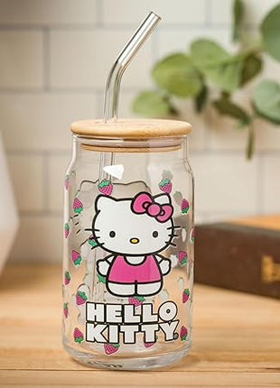Silver Buffalo Sanrio Hello Kitty Strawberry Glass Jar Tumbler with Bamboo Lid and Glass Straw, 16 Ounces