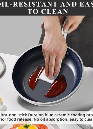 Nuwave Healthy Duralon Blue Ceramic Nonstick Cookware Set, Diamond Infused Scratch-Resistant, PFAS Free, Dishwasher & Oven Safe, Induction Ready & Evenly Heats, Tempered Glass Lids & Stay-Cool Handles