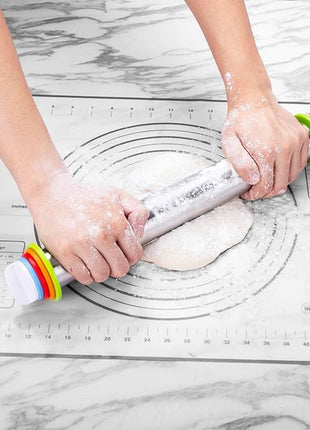 Rolling Pins, Stainless Steel Dough Roller, Rolling Pin and Silicone Baking Pastry Mat Set, Adjustable Rolling Pin with Thickness Rings for Baking Dough, Pizza, Pie, Pastries, Pasta, Cookies(Black)