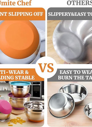 Umite Chef Mixing Bowls with Airtight Lids, 6 Piece Stainless Steel Metal Bowls, Measurement Marks & Colorful Non-Slip Bottoms Size 7, 3.5, 2.5, 2.0,1.5, 1QT, Great for Mixing & Serving