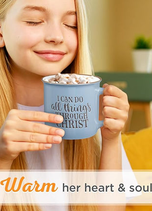 Christian Art Gifts Blue Camp Style Ceramic Coffee Mug – 13 oz. Microwave and Dishwasher Safe Inspirational Scripture Coffee & Tea Mug with Bible Verse: I Can Do All Things Through Christ – Phil. 4:13