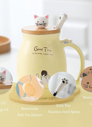 BigNoseDeer Tea Cup With Infuser and Lid Ceramic Coffee Mug Kawaii Cat Mug Cute Mugs Tea Mug Cute Cool Preppy Stuff Cat Gifts Birthday Gifts Cute Gifts for Women Girls(13oz)