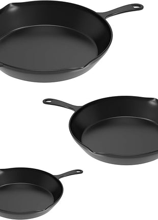 Frying Pans - Set of 3 Pre-Seasoned Cast Iron Skillets with 10-Inch, 8-Inch, and 6-Inch Sizes - Nonstick Camping Cookware by Home-Complete (Black)