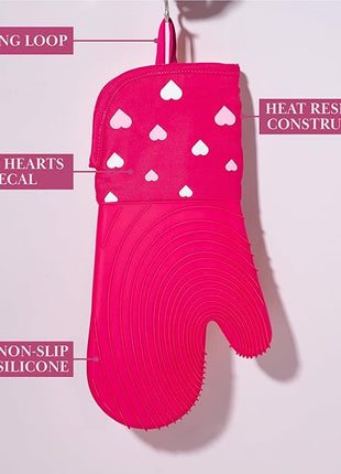 Paris Hilton Oven Mitt Set with Heart Design, Heat Resistant Pot Holders Featuring Non-Slip Textured Silicone Grips, 2-Piece Set, Pink