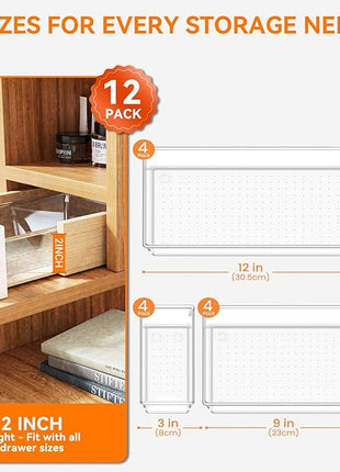 Criusia 12 Pack Large Clear Plastic Drawer Organizer Trays | MULTI-USE Acrylic Drawer Storage for Kitchen, Bathroom, Makeup, Office, School, Undies | College Dorm Room, Home Apartment Essentials