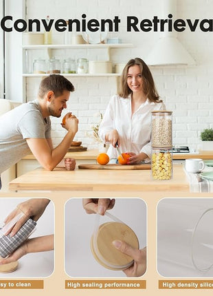 YUNCANG Glass Food Storage Jars 37oz [Set of 6],Clear Glass Food Storage Containers with Airtight Bamboo Lid Stackable Kitchen Canisters for Candy,Cookie,Rice,Sugar,Flour,Pasta