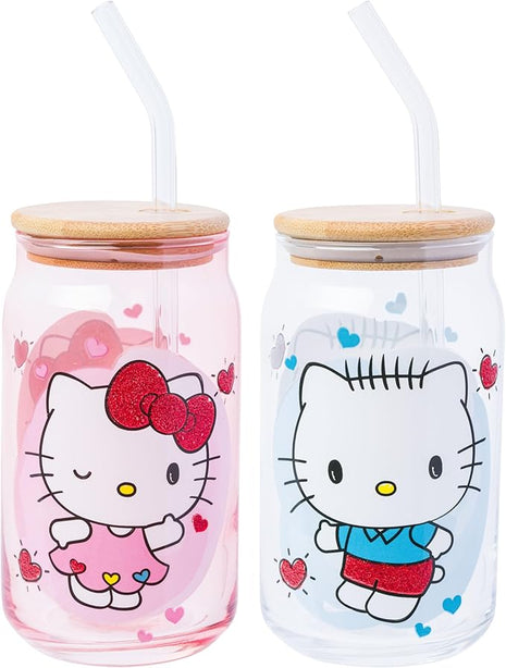 Silver Buffalo Sanrio Hello Kitty and Friends Featuring Dear Daniel 2 Pack Glass Jar Tumbler with Bamboo Lid and Glass Straw, 16 Ounces