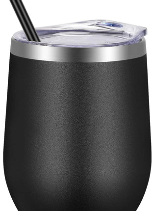 VEGOND 12oz Stainless Steel Wine Tumbler with Lid and Straw, Double Wall Vacuum Insulated Stemless Wine Glass Tumbler Cup, Coffee Mug for Cold Hot Drinks