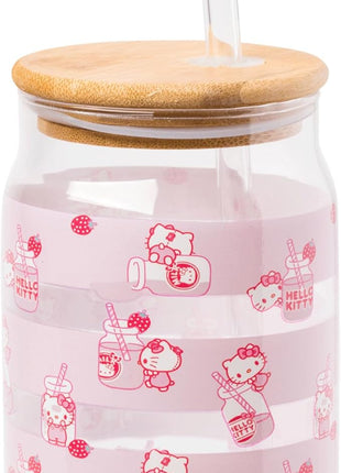 Silver Buffalo Sanrio Hello Kitty Strawberry Milk Pink Glass Jar Tumbler with Bamboo Lid and Glass Straw, 16 Ounces