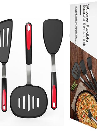 Silicone Spatula Turner Set of 4, GEEKHOM 600°F Heat Resistant Cooking Spatulas for Nonstick Cookware, Large Flexible Kitchen Utensils BPA Free Rubber Spatulas for Pancake, Eggs, Fish, Black
