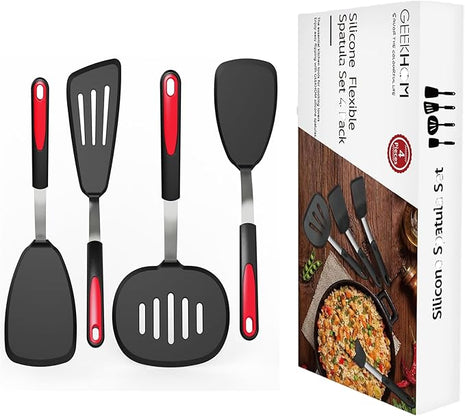 Silicone Spatula Turner Set of 4, GEEKHOM 600°F Heat Resistant Cooking Spatulas for Nonstick Cookware, Large Flexible Kitchen Utensils BPA Free Rubber Spatulas for Pancake, Eggs, Fish, Black