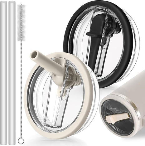 30oz Leak Proof Lid for Stanley Quencher H2.0 Tumbler, Flip Straw Lid Replacement 30 oz Tumbler No Spill Cover Top for Stanley Protour Stanley Cup Accessories, 2 Pack(Cream,Black)