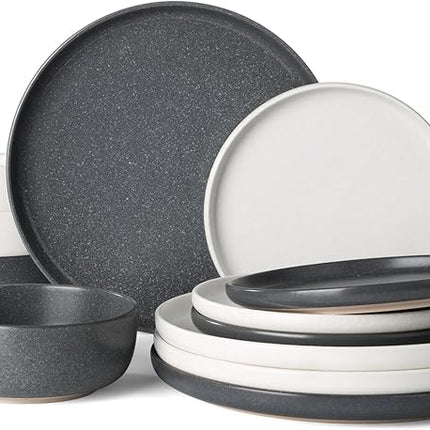 Famiware Milkyway Plates and Bowls Sets, 12 Pieces Dinnerware Sets, Reactive Glaze Dish Set, Stoneware Dishes Set for 4, Matte Beige White & Matte Dark Charcoal