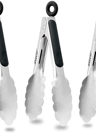 Anaeat 3 Pack 7" Mini Stainless Steel Cooking Tongs - Sturdy Coiled Spring Locking Kitchen Food Tong with Non-Slip Silicone Grip for Serving, Cooking, Baking - Heat Resistant up to 480°F (Black)