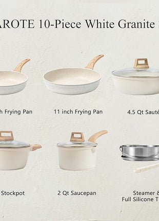 CAROTE Pots and Pans Set Nonstick, White Granite Induction Kitchen Cookware Set, 10 Pcs Non Stick Cooking Set w/Frying Pans & Saucepans(PFOS, PFOA Free)