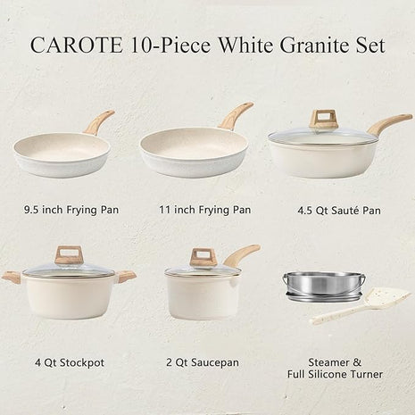 CAROTE Pots and Pans Set Nonstick, White Granite Induction Kitchen Cookware Set, 10 Pcs Non Stick Cooking Set w/Frying Pans & Saucepans(PFOS, PFOA Free)