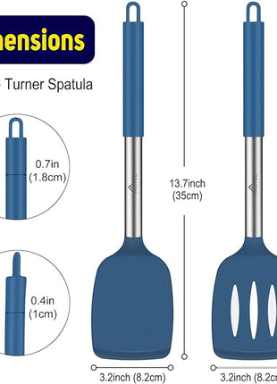 HOTEC Silicone Spatula Set of 2 Heat-Resistant 600°F & BPA-Free Kitchen SaptulaTurner with Stainless Steel Handles, Slotted & Solid Spatulas for Nonstick Cookware, 13.7 Inch, Classic Blue