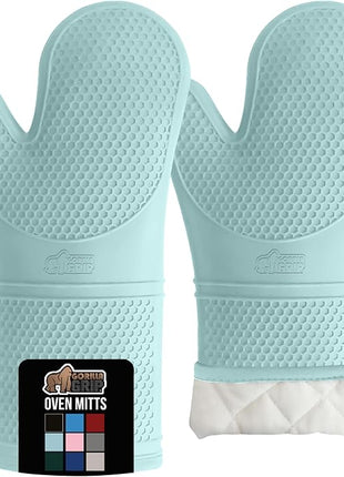 GORILLA GRIP BPA-Free Soft Silicone Oven Mitts, 14.5x8.3, Heat Resistant and Waterproof Cooking Gloves, Thick Cotton Lining, Flexible Gripping for Baking Grilling, Kitchen Potholders Set of 2, Mint