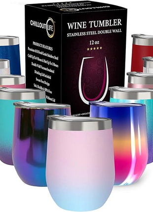 CHILLOUT LIFE 12 oz Stainless Steel Wine Tumbler with Lid - Double Wall Vacuum Insulated Wine Cup Glass Keeping Cold & Hot for Coffee, Champagne, Cocktails, Ice Cream - Powder Coated Pink/Teal
