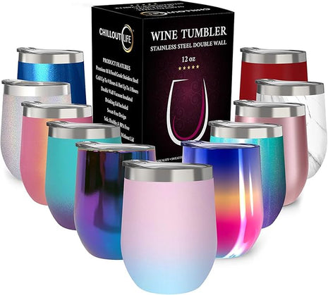 CHILLOUT LIFE 12 oz Stainless Steel Wine Tumbler with Lid - Double Wall Vacuum Insulated Wine Cup Glass Keeping Cold & Hot for Coffee, Champagne, Cocktails, Ice Cream - Powder Coated Pink/Teal
