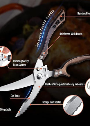 Poultry Shears, Heavy Duty Kitchen Shears with Serrated Edge, No Rust Spring Loaded, Multipurpose Stainless Steel Kitchen Scissors for Chicken, Bone, Meat, Turkey, Fish Thanksgiving Christmas Gifts
