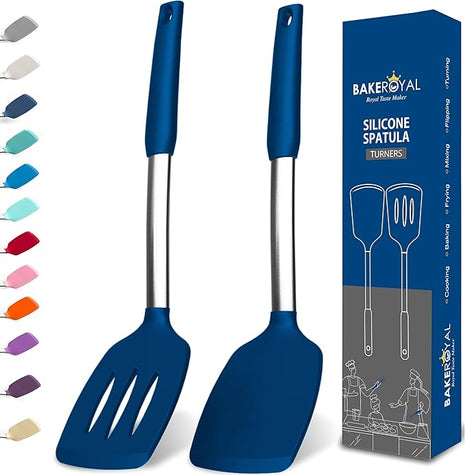 Silicone Spatula Set - Turner Spatulas Silicone Heat Resistant 600°F - Slotted & Solid Spatula for Cooking Fish, Eggs, Pancakes Flipper – Spatulas for kitchen use – Royal Blue