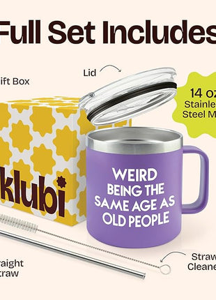 KLUBI 40th Birthday Gifts Women - Weird Being The Same Age As Old People 14oz 50th 60th Birthday Gifts for Women Over 60 Purple Bday Gift Ideas for Adults Cute Funny Celebration Gift for Elderly