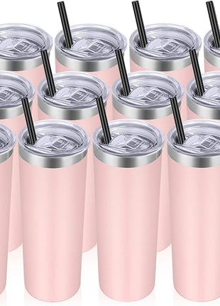 VEGOND Stainless Steel Tumblers Bulk 12 Pack, 20 oz Vacuum Insulated Skinny Tumblers with Lid and Straw, Double Wall Coffee Mug, Travel Water Cup, Light Pink