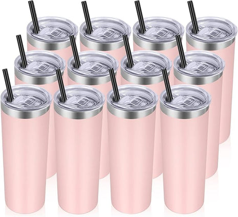 VEGOND Stainless Steel Tumblers Bulk 12 Pack, 20 oz Vacuum Insulated Skinny Tumblers with Lid and Straw, Double Wall Coffee Mug, Travel Water Cup, Light Pink