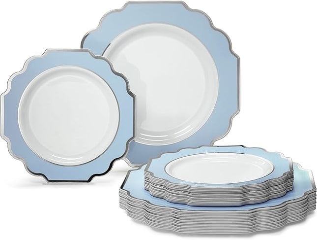 " OCCASIONS " 50 Plates Pack (25 Guests)-Heavyweight Wedding Party Disposable Plastic Plate Set -(25x10.5'' Dinner + 25x8'' Salad/dessert (Imperial in White/Blue & Silver)