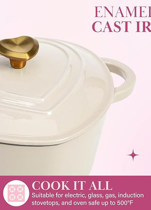 Paris Hilton Enameled Cast Iron Dutch Oven Heart-Shaped Pot with Lid, Dual Handles, Works on All Stovetops, Oven Safe to 500°F, 2-Quart, Cream