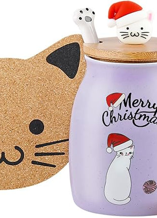 BigNoseDeer Christmas Mugs Kawaii Cat Mug Tea Cup with Infuser Cute Mugs Ceramic Coffee Mug with Lid, Spoon,Coaster Kitty Tea Mug Christmas Gifts Cat Lovers Gifts (Purple 13oz)