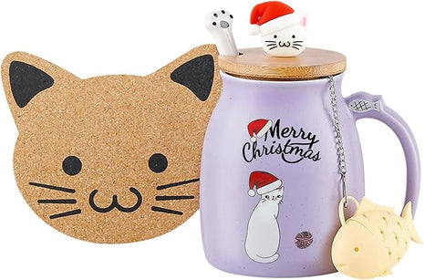 BigNoseDeer Christmas Mugs Kawaii Cat Mug Tea Cup with Infuser Cute Mugs Ceramic Coffee Mug with Lid, Spoon,Coaster Kitty Tea Mug Christmas Gifts Cat Lovers Gifts (Purple 13oz)