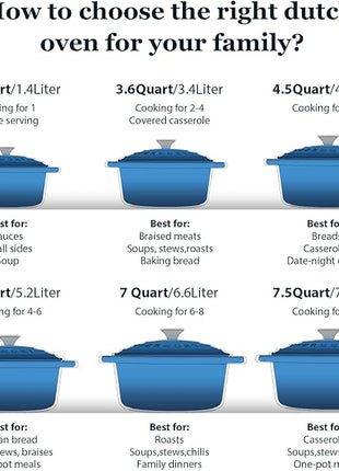 Overmont Enameled Cast Iron Dutch Oven - 7QT Pot with Lid Cookbook & Cotton Potholders - Heavy-Duty Cookware for Braising, Stews, Roasting, Bread Baking blue