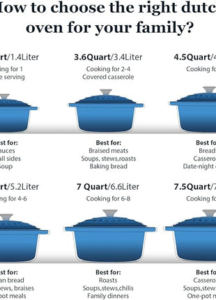 Overmont Enameled Cast Iron Dutch Oven - 4.5QT Pot with Lid Cookbook & Cotton Potholders - Heavy-Duty Cookware for Braising, Stews, Roasting, Bread Baking blue