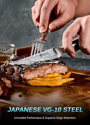 KYOKU Gin Series Steak Knife Set of 4, 4.5" Steak Knives, Japanese VG10 Damascus Stainless Steel Kitchen Knife Set with Silver Ion Blades G10 Handles Mosaic Pins, Cutlery Set w/Sheaths & Case