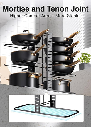 MUDEELA Pots and Pans Organizer Rack under Cabinet 14.55in Height, 8-Tiers Adjustable Pot Rack with 3 DIY Methods, Pot Lid Organizer inside Cabinet for Kitchen Pantry Organization and Storage