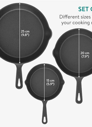Navaris Cast Iron Skillet, 3 Pieces - Durable 15cm/20cm/25cm Cast-Iron Pan Set - Excellent Heat Retention, Ideal for Frying, Searing, and Sautéing - All-in-one Cookware Pot Set