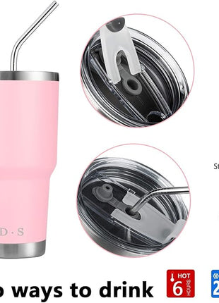 D·S 30 oz Pink Tumbler Stainless Steel Double Wall Vacuum Insulated Mug with Straw and Lid, Cleaning Brush for Cold and Hot Beverages (30oz Pink)