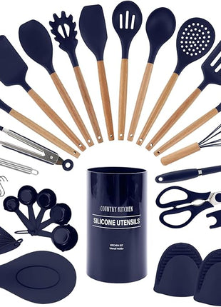 Country Kitchen Non Stick Silicone Utensil Set with Rounded Wood Handles for Cooking and Baking, 38 Piece Set, Navy