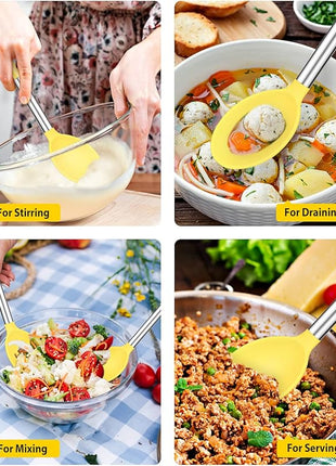 Pack of 2 Large Silicone Cooking Spoons,Non Stick Solid Basting Spoon,Heat-Resistant Kitchen Utensils for Mixing,Serving,Draining,Stirring (YELLOW)