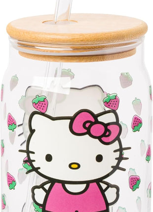Silver Buffalo Sanrio Hello Kitty Strawberry Glass Jar Tumbler with Bamboo Lid and Glass Straw, 16 Ounces