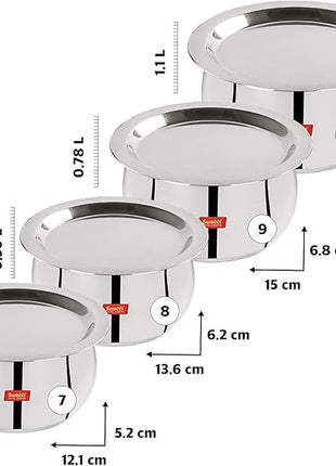 Sumeet Stainless Steel Belly Shape 4 Pc Tope/Cookware/Pot Set with Lid 380ML, 500ML, 780ML, 1.1Ltr, (Silver)