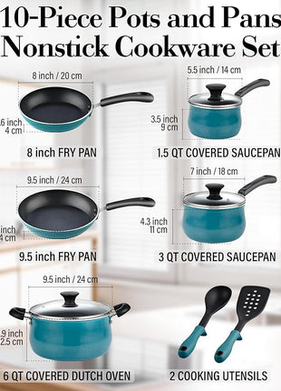 Cook N Home Pots and Pans Nonstick Cookware Set 10-Piece, Belly Shape Kitchen Cooking Set with Frying Pans and Saucepans, Induction Compatible, Turquoise