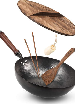 BIELMEIER Wok Pan 12.5", Woks and Stir Fry Pans with lid, Carbon Steel Wok with Cookware Accessories, Flat Bottom Suits for all Stoves