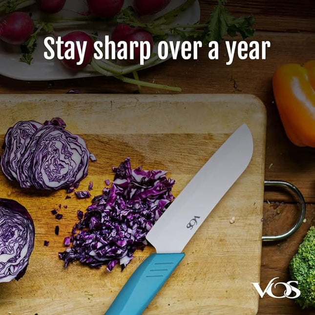 Vos Ceramic Knife Set in Elegant Gift Box, Ceramic Knives Set For Kitchen, Ultra Sharp Kitchen Knife Set with Covers, 4" 5" 6" Paring, Santoku & Chef Knife, Lightweight, Dishwasher safe (Multi-Color)